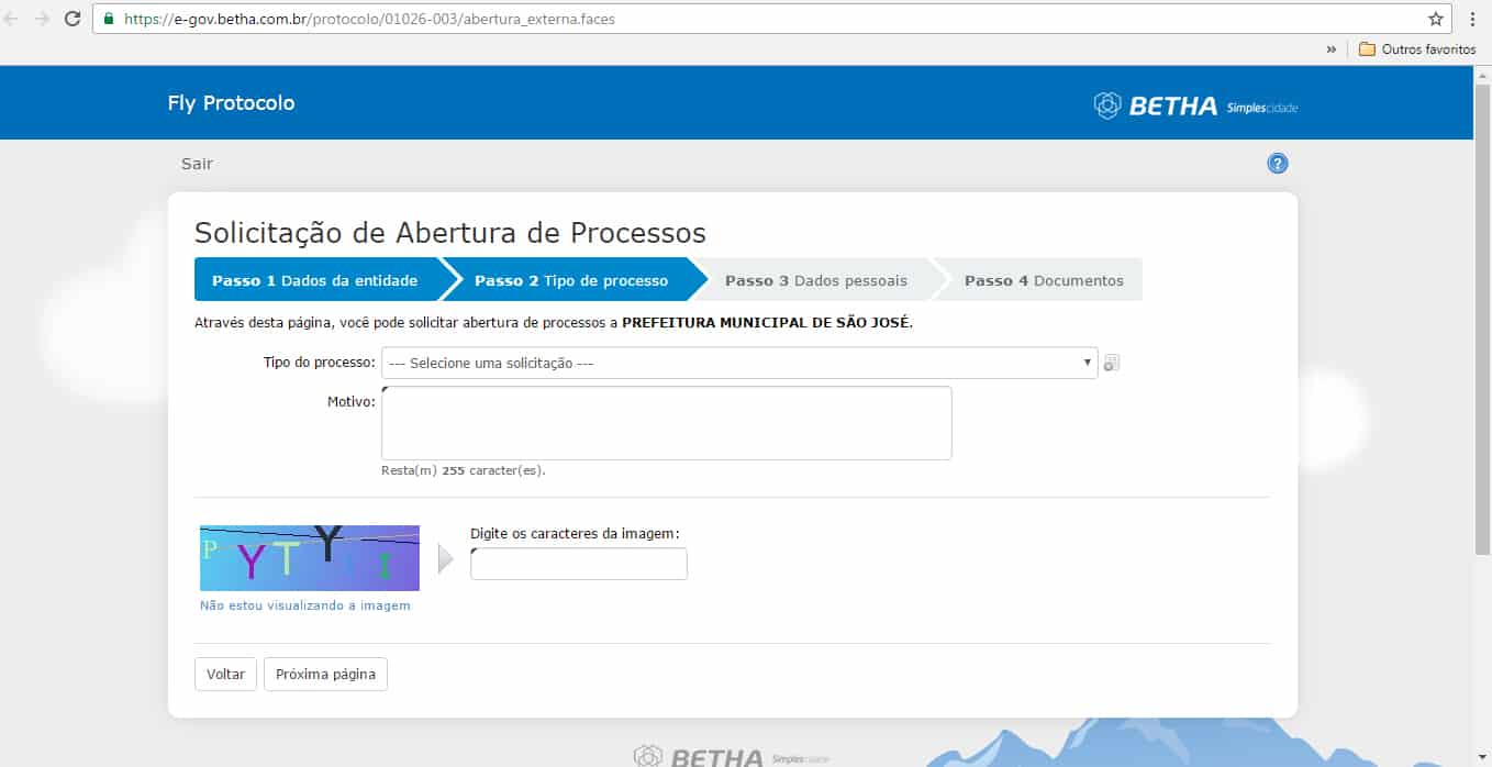 Leiaute do sistema de abertura de processos no site da Prefeitura de São José.